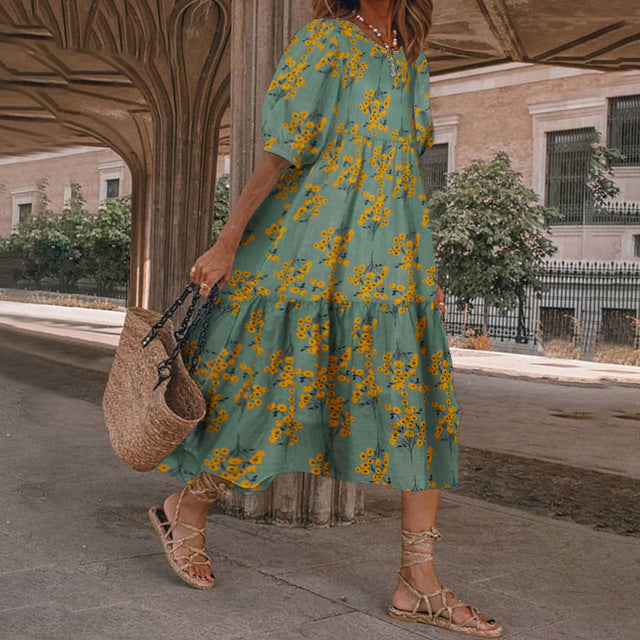 2025 Summer New Women’s Print Dress Puff Short Sleeves Ruffles Loose A-line Midi Dresses Fashion Casual Beach Vacation Vestidos