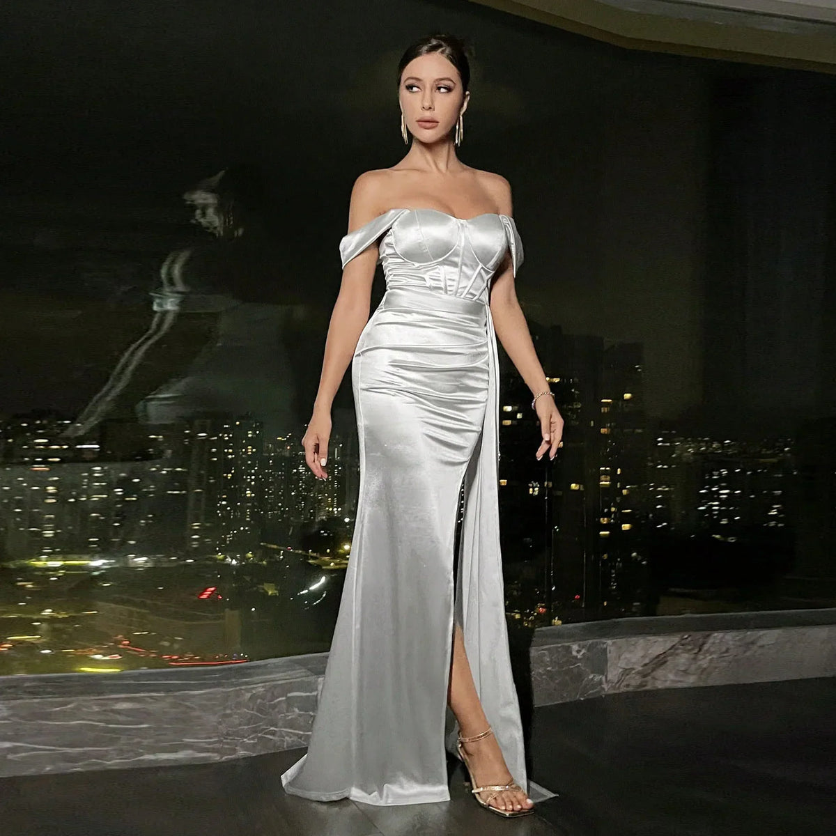 Off Shoulder Satin Mermaid Maxi Dress