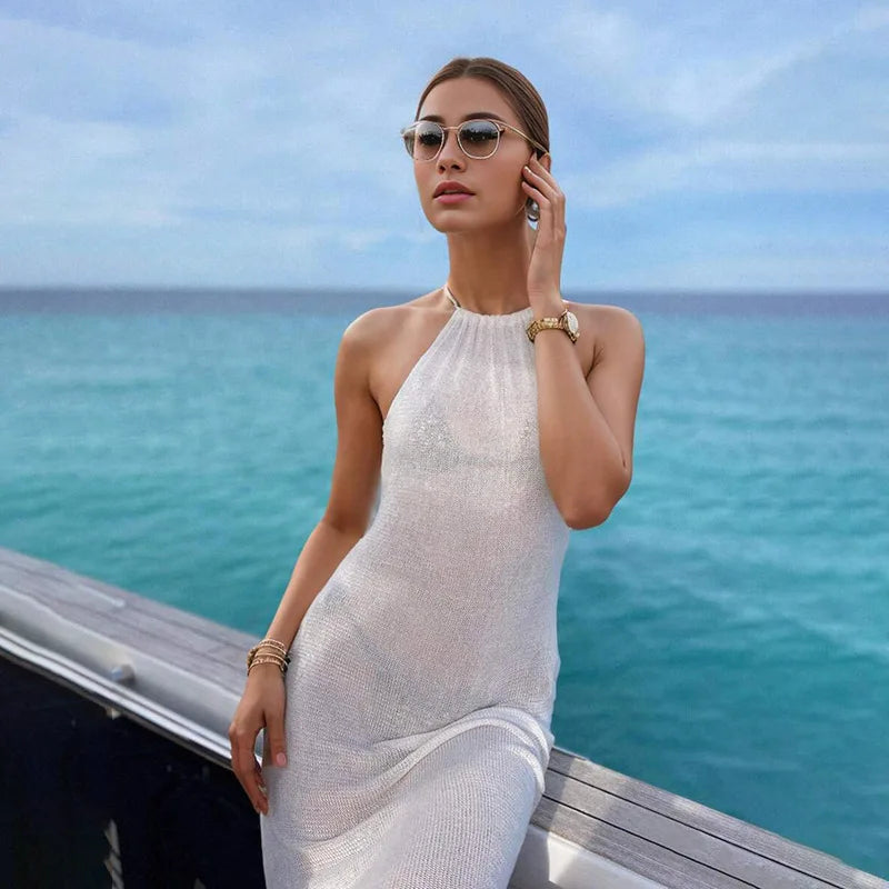 High Slit Knitted Suspender Maxi Dress