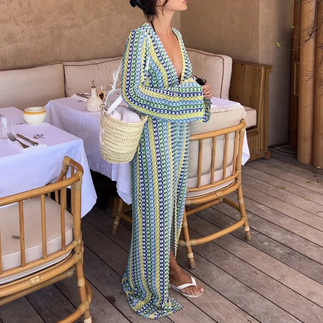 Crochet Stripe Flare Sleeve Maxi Dress