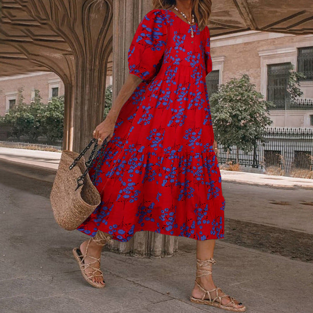 2025 Summer New Women’s Print Dress Puff Short Sleeves Ruffles Loose A-line Midi Dresses Fashion Casual Beach Vacation Vestidos