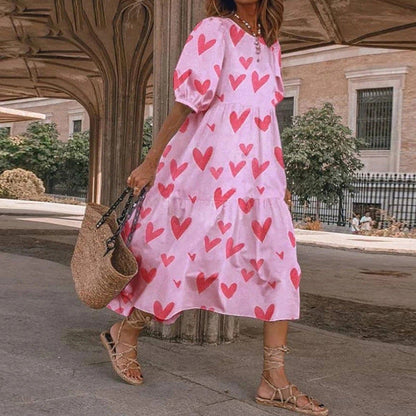 2025 Summer New Women’s Print Dress Puff Short Sleeves Ruffles Loose A-line Midi Dresses Fashion Casual Beach Vacation Vestidos