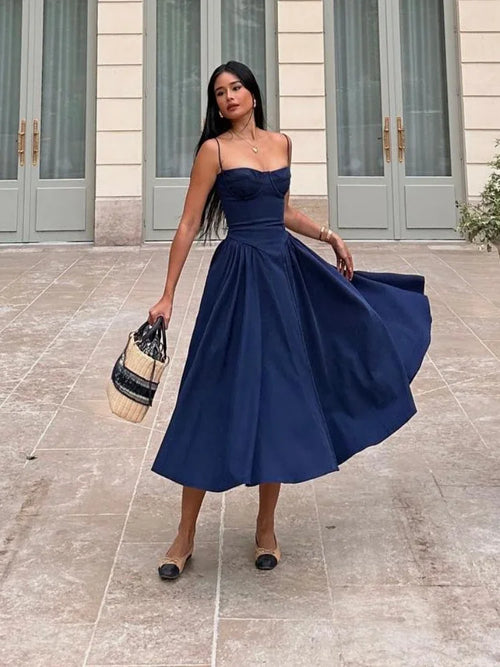 Spaghetti Strap Slim A-Line Midi Dress