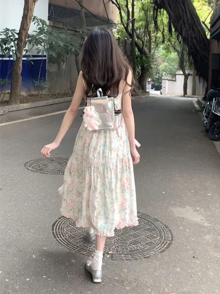 Japanese Kawaii Y2k Midi Dress Casual Sweet Bow Splicing Flower Print Dress Korean Evening Party