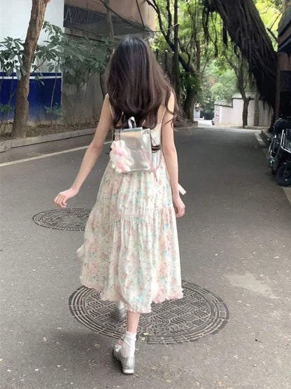 Japanese Kawaii Y2k Midi Dress Casual Sweet Bow Splicing Flower Print Dress Korean Evening Party