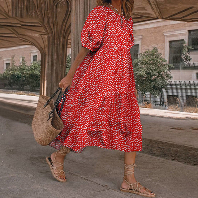 2025 Summer New Women’s Print Dress Puff Short Sleeves Ruffles Loose A-line Midi Dresses Fashion Casual Beach Vacation Vestidos