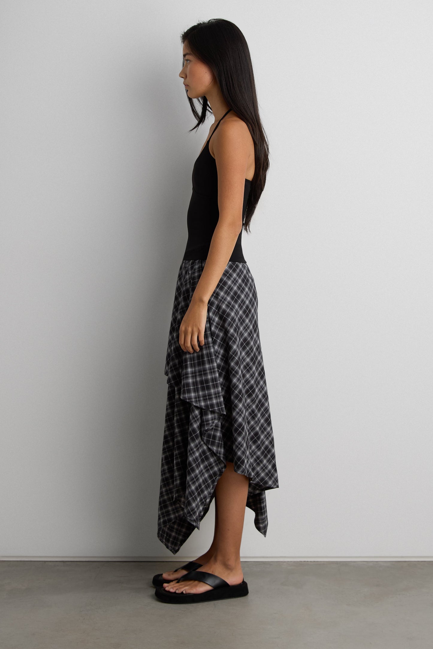 ASYMMETRICAL DRAPED PLAID MIDI SKIRT