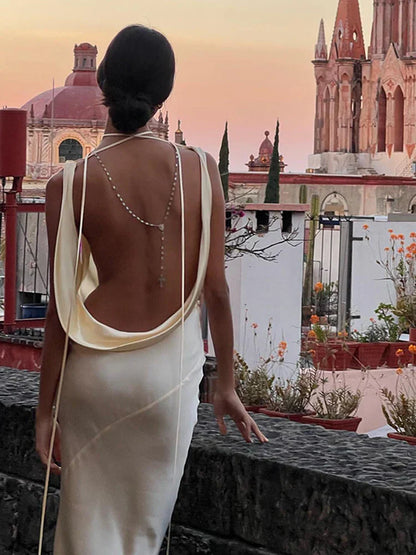 DressBetty - 2024 Sunny Evening Spaghetti Strap Backless Satin Maxi Dress
