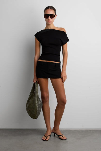ASYMMETRICAL OFF THE SHOULDER CAP SLEEVE SWEATER