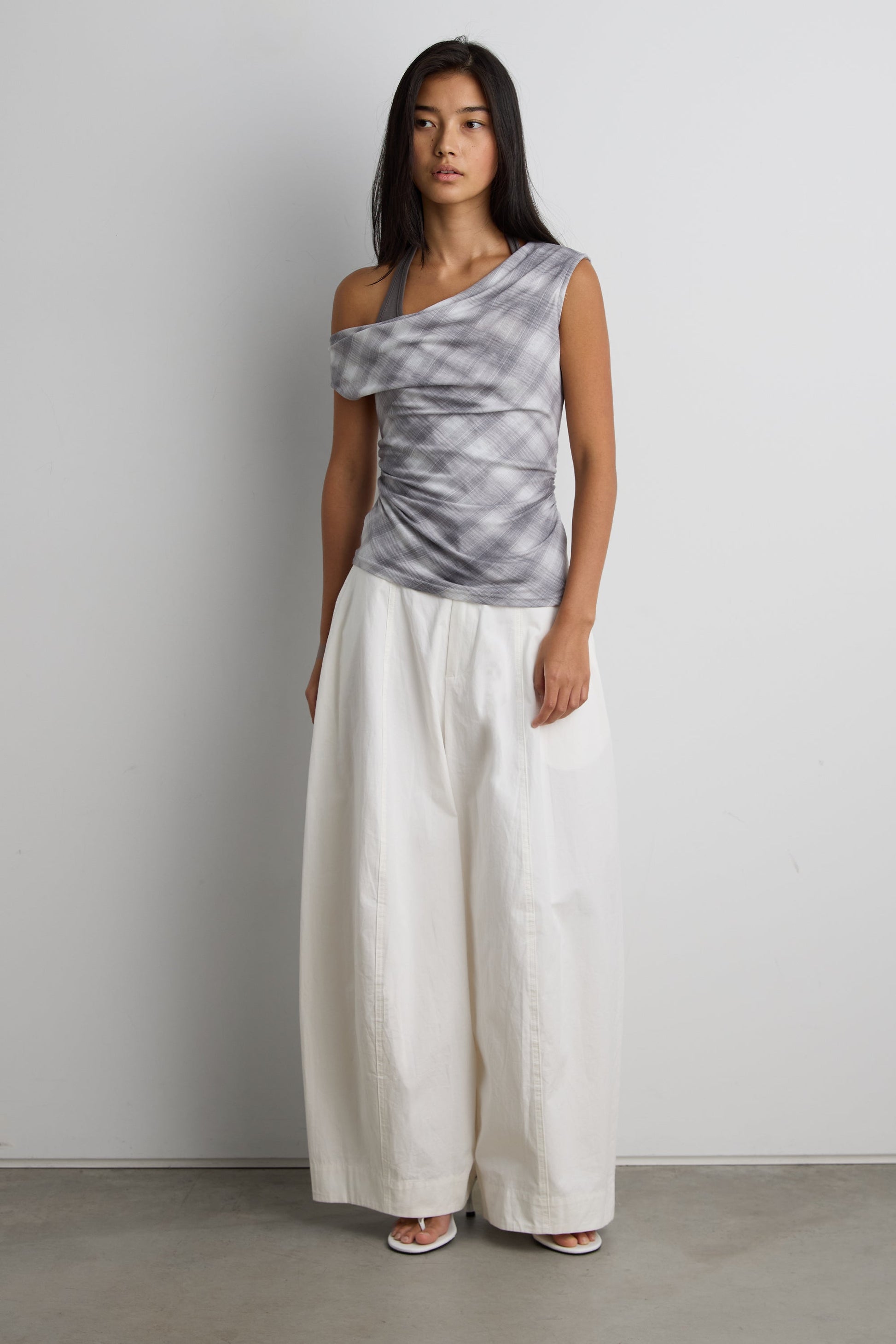 DRAPED CHECKERED COWL NECK TOP