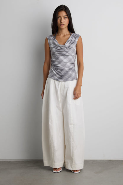 DRAPED CHECKERED COWL NECK TOP
