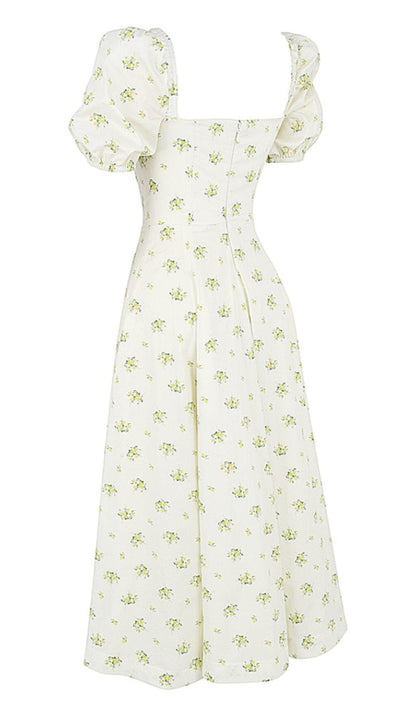 Vintage Floral Puff Sleeve Midi Dress in White