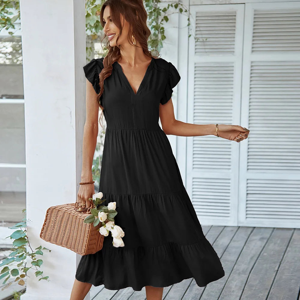 Flying V Neck Midi Dress