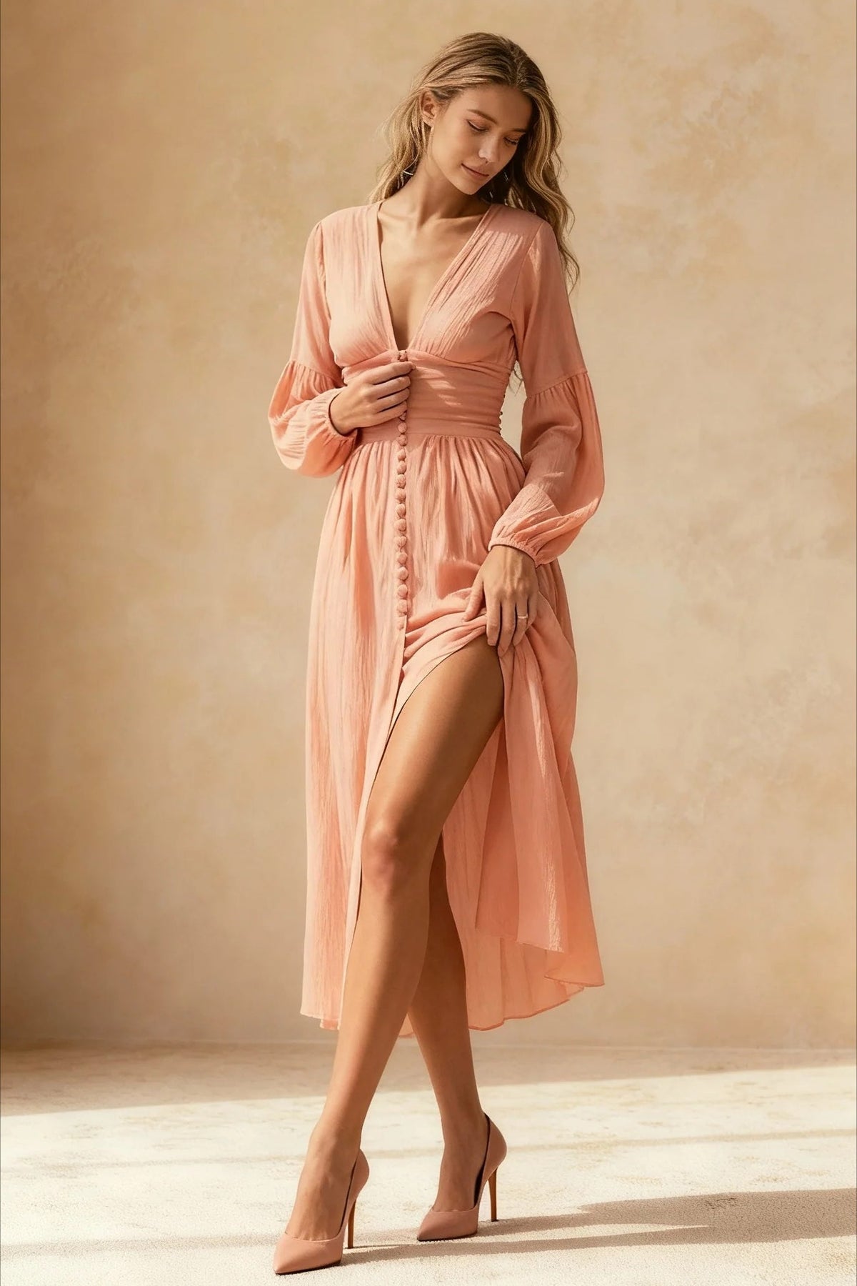 V Neck Button Down Maxi Dress