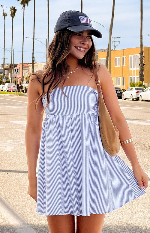 Anderson Blue Stripe Strapless Mini Dress
