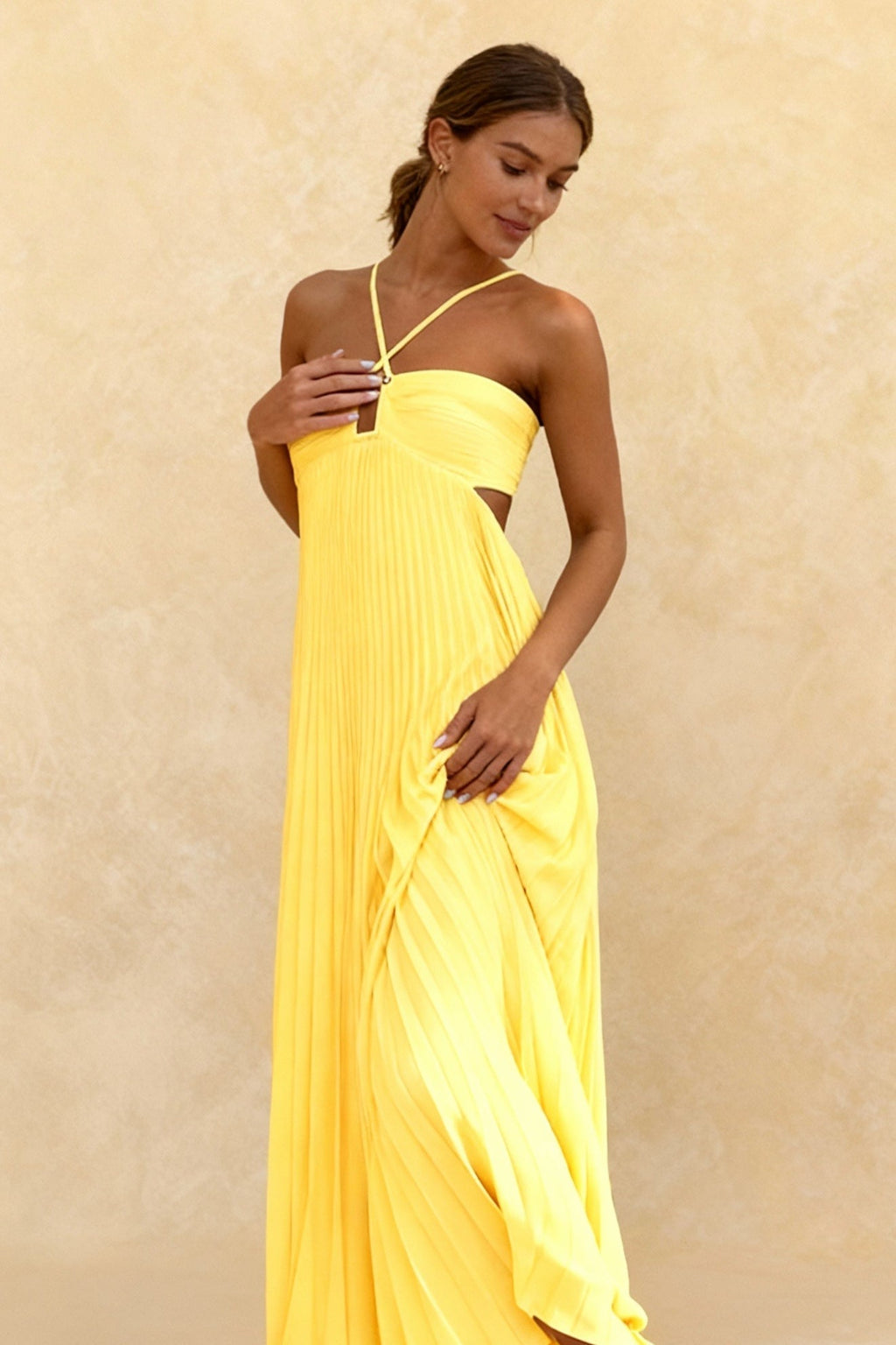 Pleated Blue Halter Maxi Dress