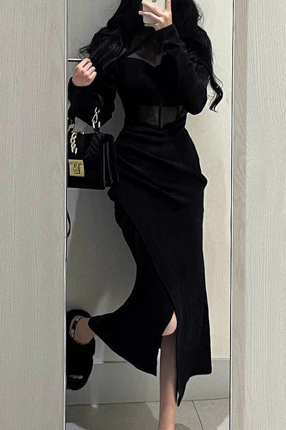 Black Mesh Sheer Slim Bodycon Midi Dress