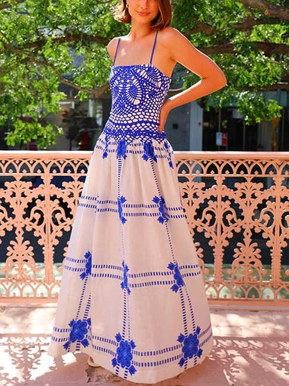 Unique Painted Crochet Floral Print Midi Dress