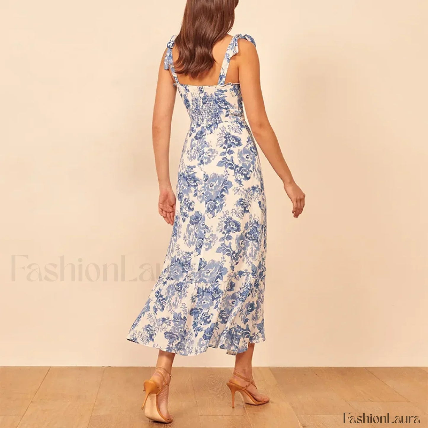 Blue Floral Tie-Strap Midi Dress