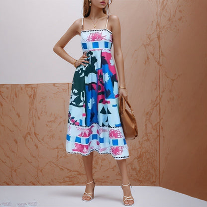 Summer Women Casual Digital Print Strap Midi Dress