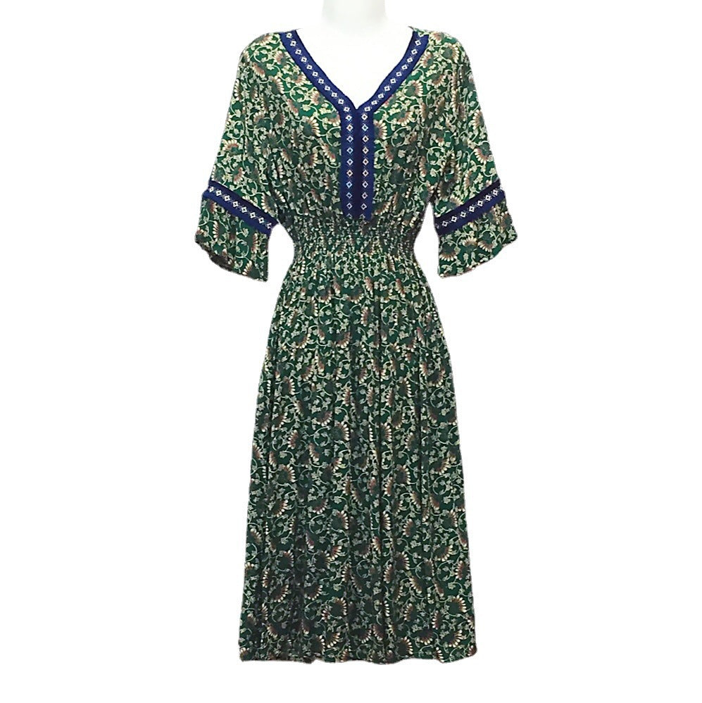Summer Loose Casual Women Printed V-Neck Trumpet Sleeve Midi Dress