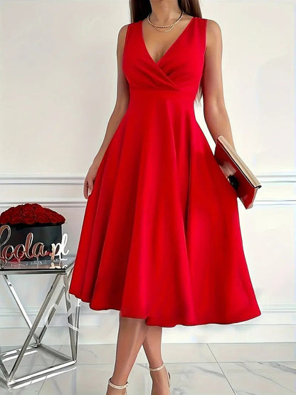 Simple Basic Solid Color Casual Sleeveless V Neck Midi Dress
