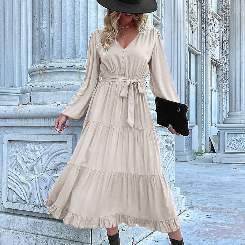 Casual Autumn And Winter Women Long Sleeve Pleated Ruffled Midi Dress