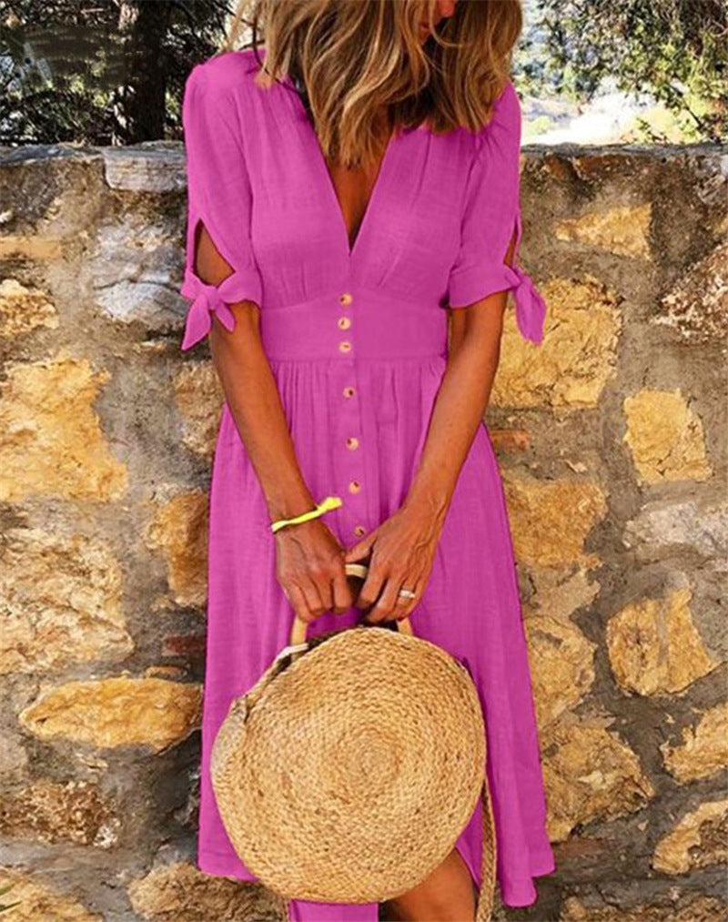 Women Casual Vacation Solid Color V-Neck Knotted Half-Sleeved Midi Dress