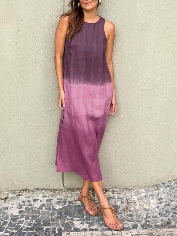 Women Summer Casual Cotton Linen Sleeveless Side Slit Gradient Color Midi Dress