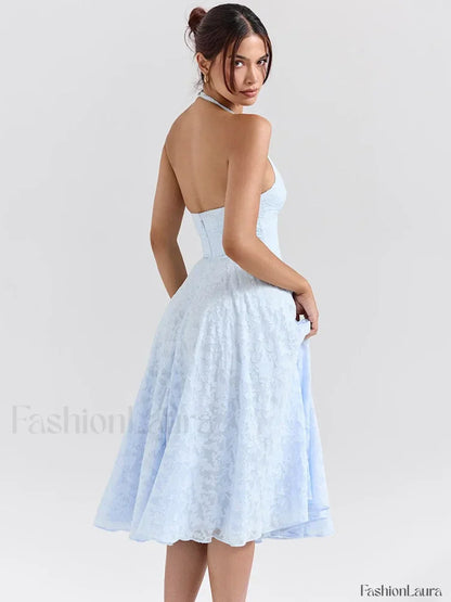 Deep V Halter Pleated Midi Dress
