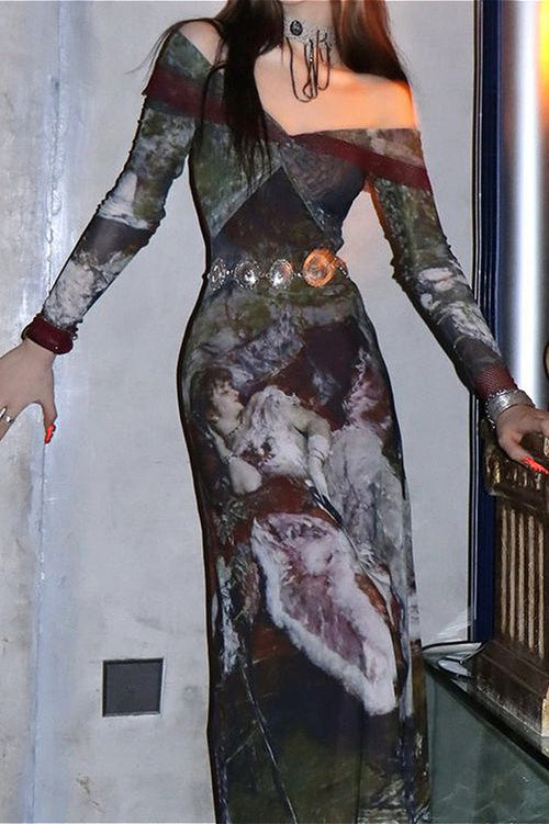Gothic Print Long Sleeve Midi Dress