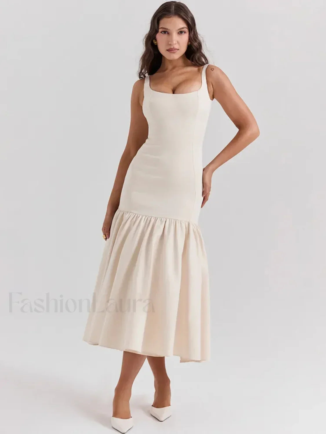Fishtail Square-Collar Midi Dress