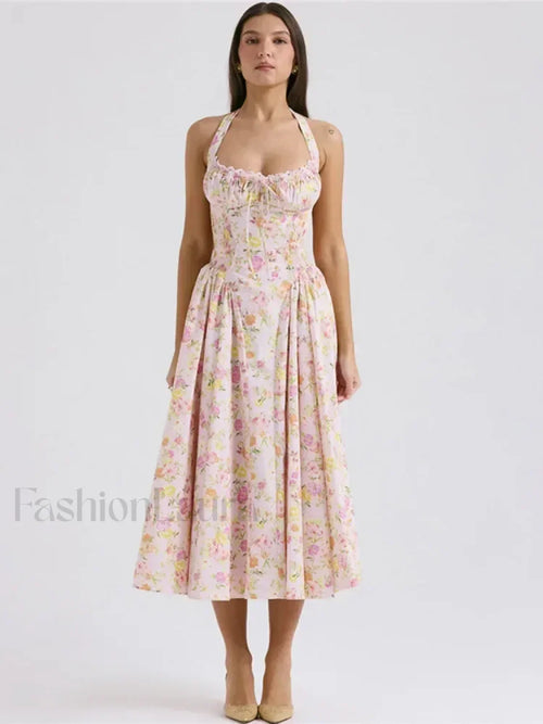 Floral Halter Backless Midi Dress