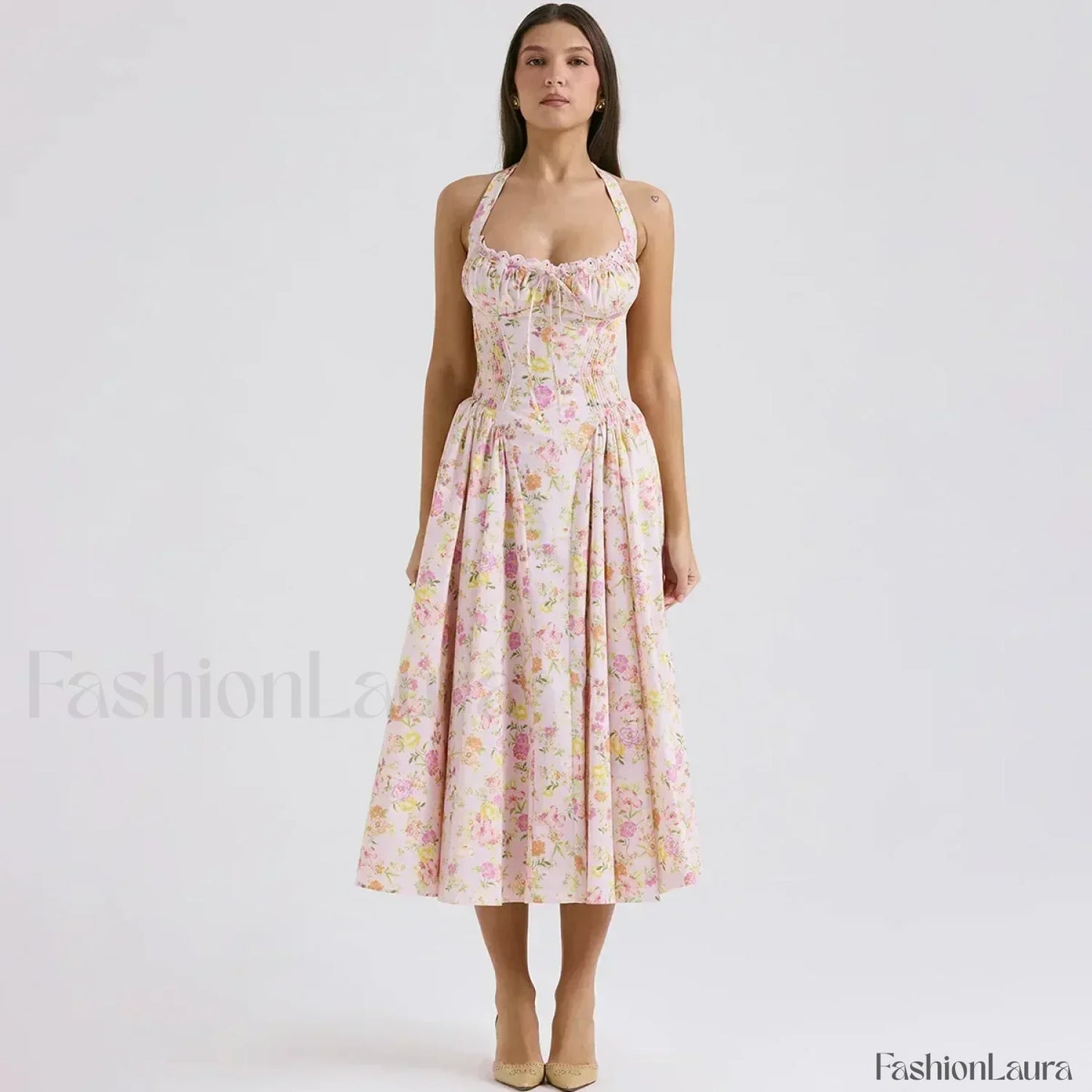 Floral Halter Backless Midi Dress