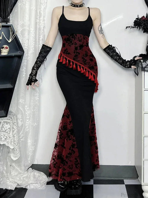 Fringe Spaghetti Strap Form-Fitting Maxi Dress