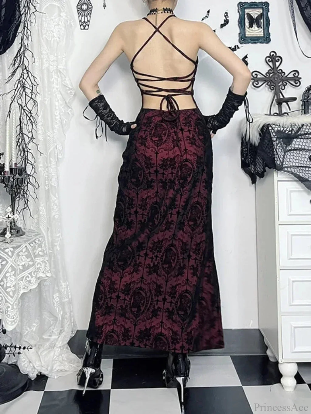 Halloween Cross Floral Halter Flocking Maxi Dress
