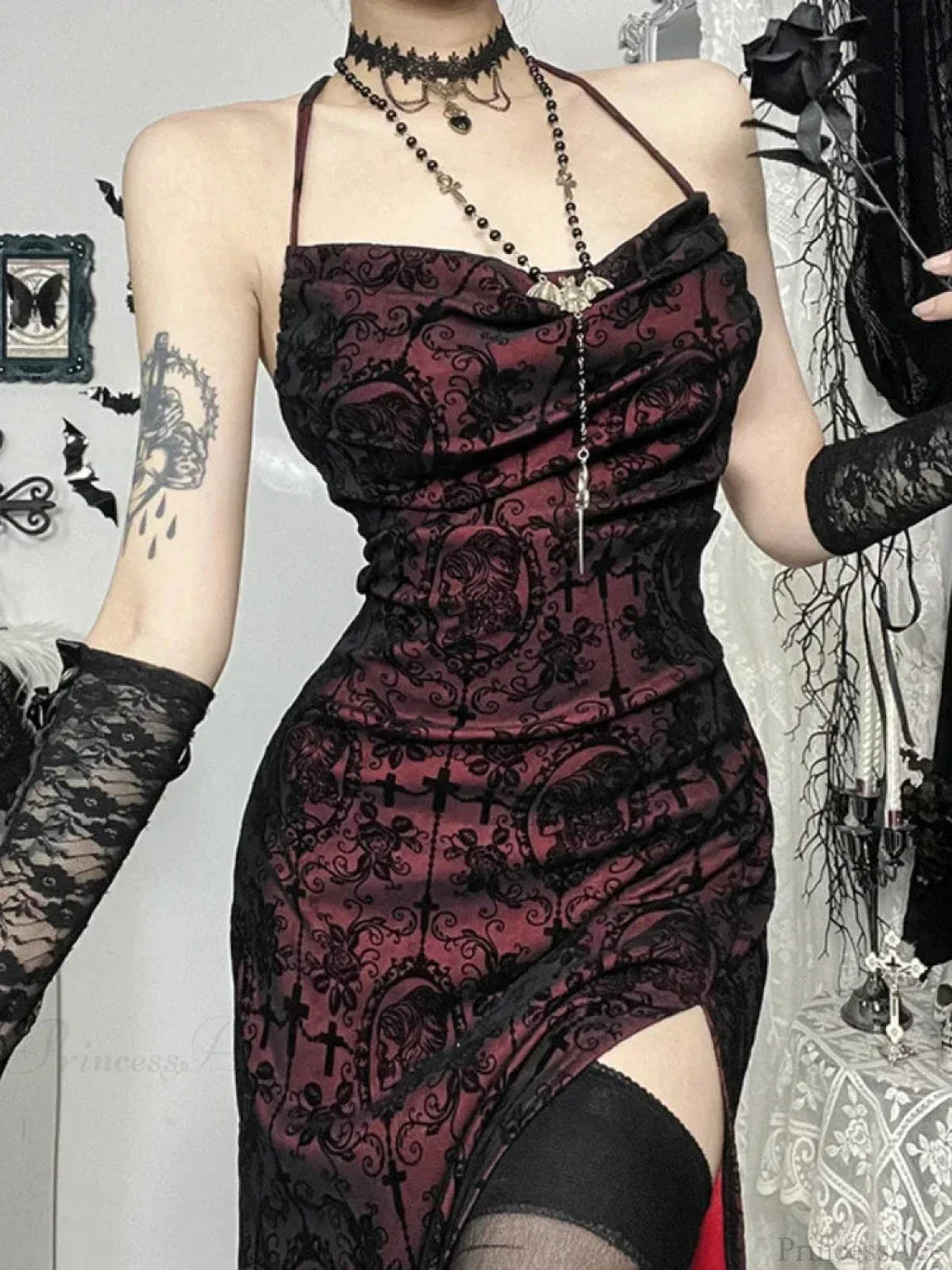 Halloween Cross Floral Halter Flocking Maxi Dress