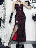Halloween Cross Floral Halter Flocking Maxi Dress