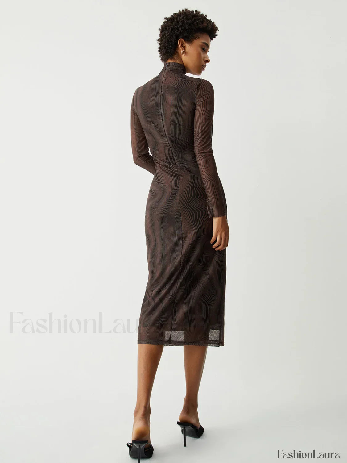 Illusion Tulle Print Mock Modern Neck Mesh Midi Dress