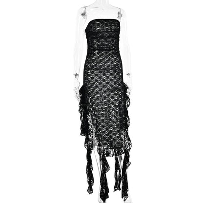 Lace ruffle solid high slit see through tube midi dress  | Festival Outfits Women