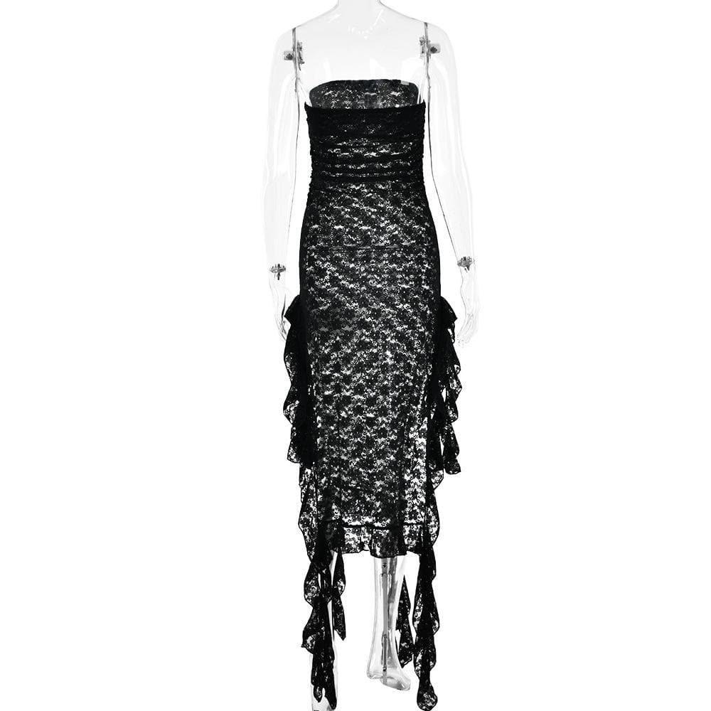 Lace ruffle solid high slit see through tube midi dress  | Festival Outfits Women