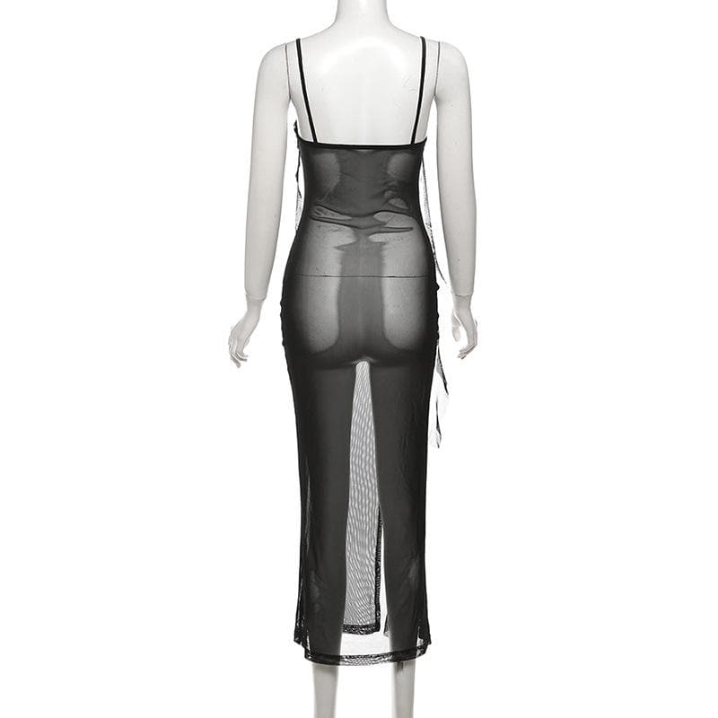 Sweetheart neck ruffle high slit sheer mesh cami midi dress  | Festival Outfits Women