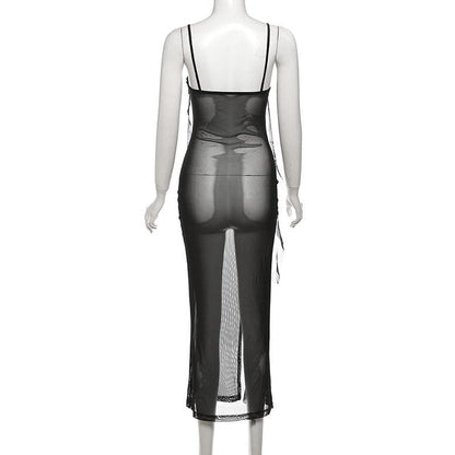 Sweetheart neck ruffle high slit sheer mesh cami midi dress  | Festival Outfits Women