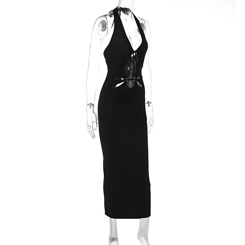 Halter hollow out backless v neck slit cut out midi dress  | Festival Outfits Women