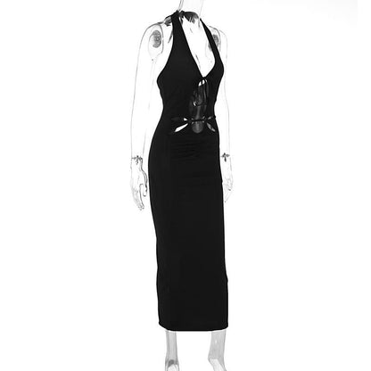 Halter hollow out backless v neck slit cut out midi dress  | Festival Outfits Women