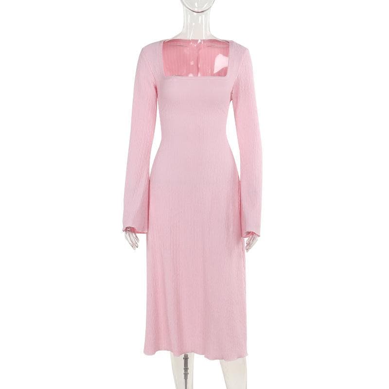 Long sleeve square neck textured midi dress  | Festival Outfits Women