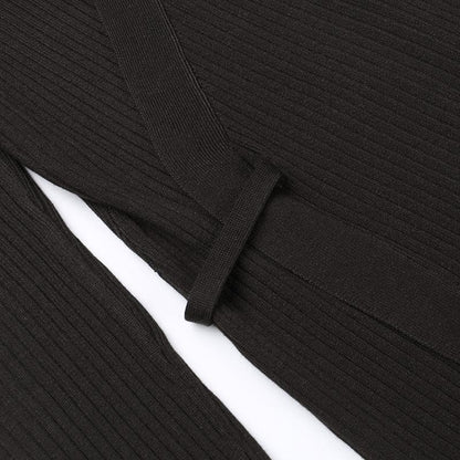Ribbed solid long sleeve turnover collar slit v neck midi dress