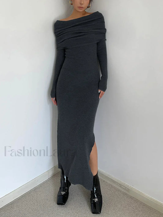 Knit Split Overfold Trendy Sweater Midi Dress