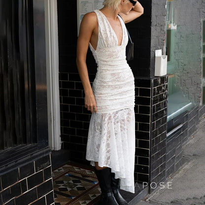 Kaliah Lace Ruched Asymmetric Dress