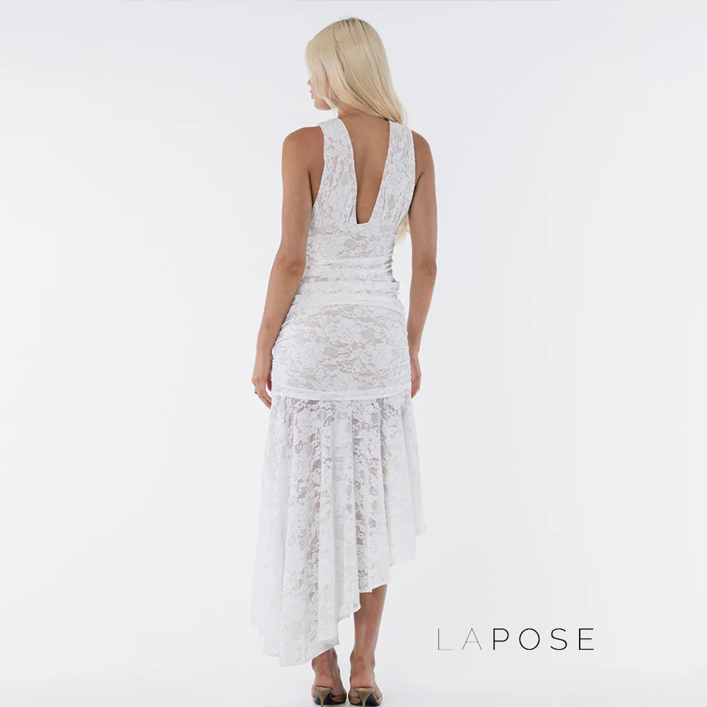 Kaliah Lace Ruched Asymmetric Dress